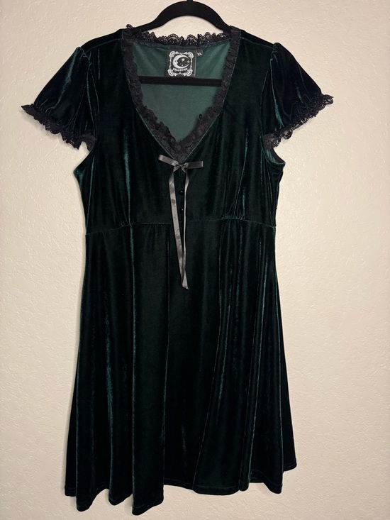 Killstar Dresses & Skirts - Killstar Dark Emerald Green Velvet Baby Doll Dress with Black Lace Trim
